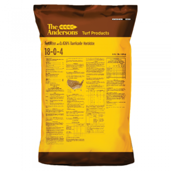 ANDERSONS TURF FERTILIZER 18-0-4 WITH 0.426% BARRICADE HERBICIDE, 25% FORTIFY, SGN215 - 50 LB