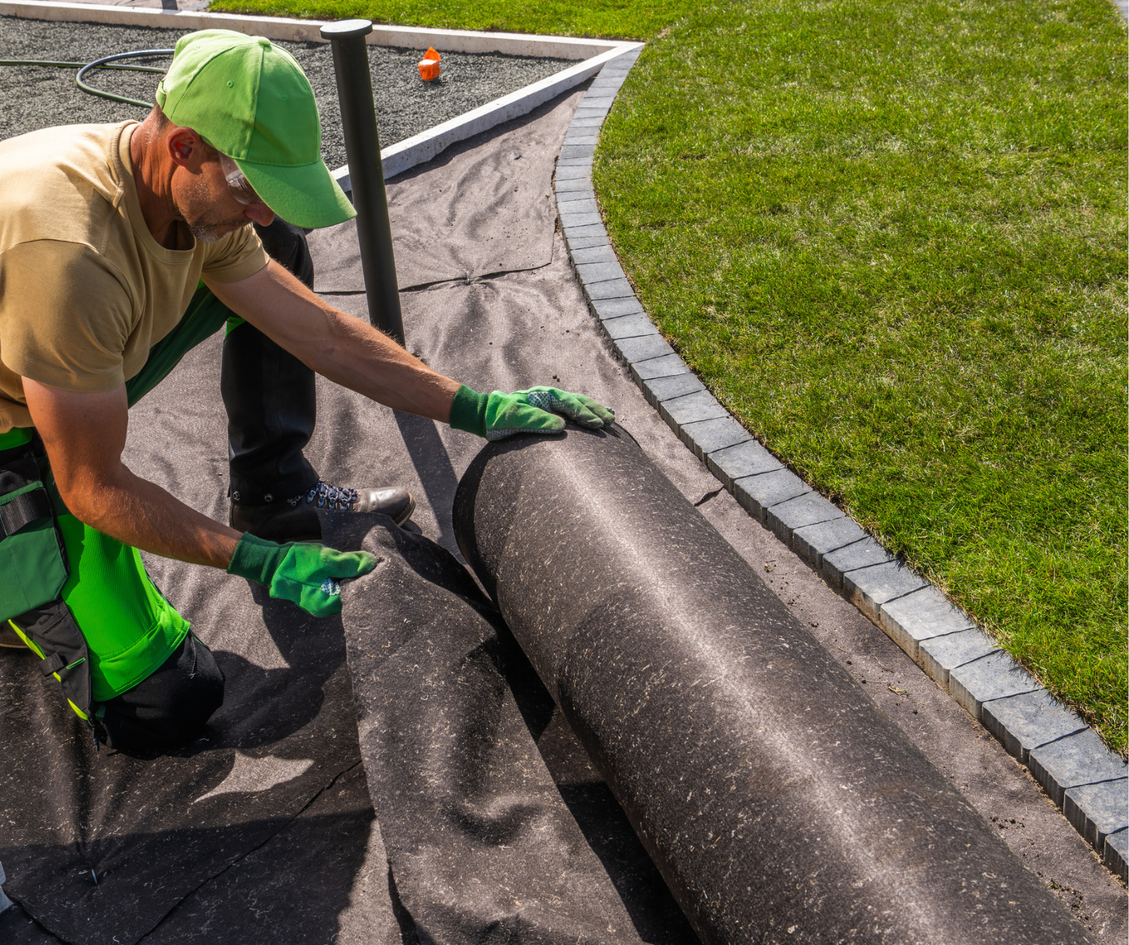 Placing landscape fabric and securing weed barrier fabric